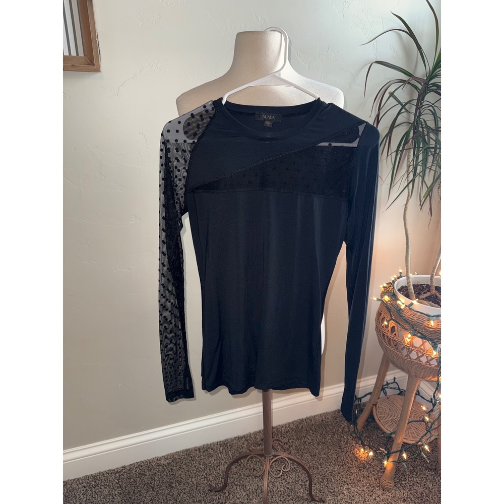 ALALA Black Long Sleeve Mesh Dot Overlay Athletic Fit Top Women's Size XS‎
